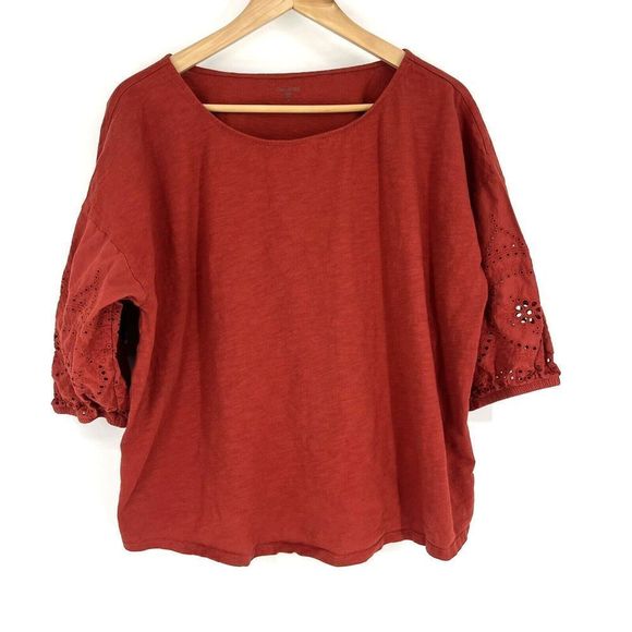 Garnet Hill Red/Orange Blouse with Embroidered Eyelet Sleeves - Picture 1 of 10